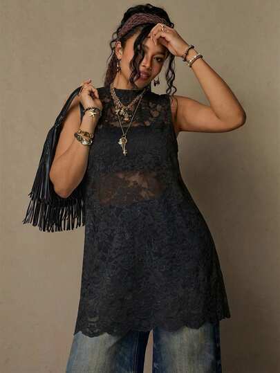 Freevana Plus Size Romantic Vintage Bohemian Lace Floral Print Sleeveless Blouse, New Arrival Spring, Suitable For Valentine's Day, Music Festival