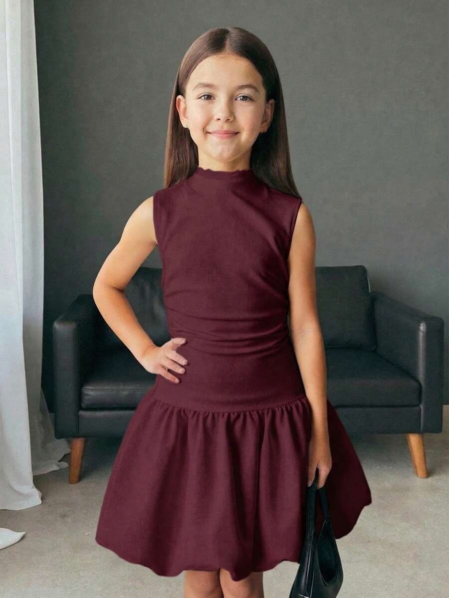 Firerie Kids Firerie Kids Nova Glow Tween Girls Elegant Burgundy Summer Party Dress,Solid Red Stand Collar Y2k Bachelorette Graduation Dress For Kids,Back To School Outfits - Red - View 1