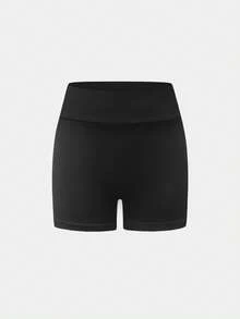 这款少女黑色高腰运动短裤采用高弹贴身面料，设计时尚且支撑性强，非常适合春夏季的各种活动，包括跑步、健身房锻炼和休闲运动装。 - 黑色 - 查看 5