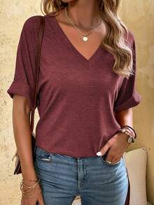Calvaya Lässiges einfarbiges T-Shirt mit Fledermausärmeln und Seitenschlitz, Sommer - Bordeaux - Übersicht 5