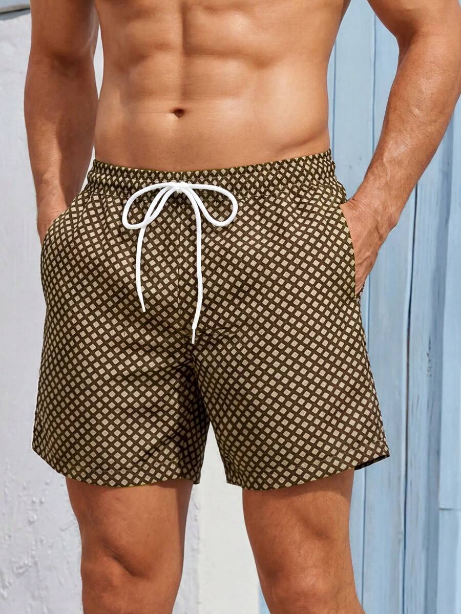 VIVINTIMO Men's Plaid Print Drawstring Waist Loose Dual Layer Beach Shorts,Hawaiian - Coffee Brown - View 1