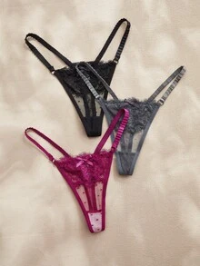 Charlaine 3pcs/Set Women Lace Bow Tie Sexy G-String Panties - Multicolor - View 3