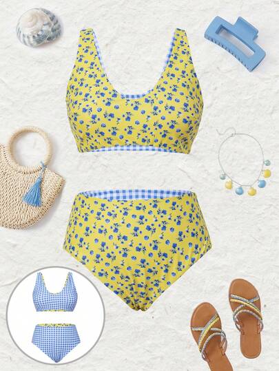 Swim Mod Bộ bikini hai mặt họa tiết nhiệt đới cỡ lớn, đồ bơi đi biển ngọt ngào và thời trang.