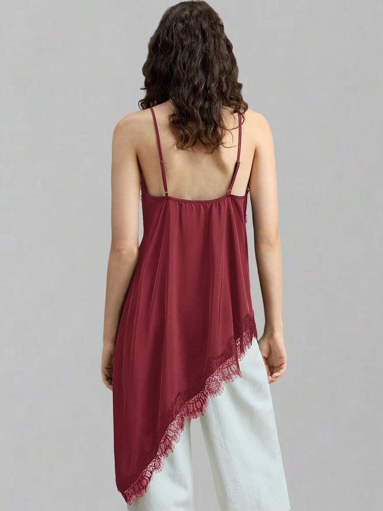 2026 Women's Burgundy Satin Fabric Comfortable Soft Lace Trim Asymmetric Hem Camisole Top, Suitable For Urban Commute, Business Casual, Elegant, Valentine's Day, Summer, Wedding Guest, Holiday Top For Women Elegant Maroon Top Burgundy Top For Women Wine Red Top Cami Top For Women