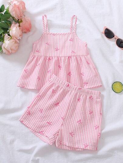 SHEIN 2pcs/Set Young Girl Sweet Striped Camisole And Shorts Set, Fine Stripes With Bow Design, Comfortable Fabric, Suitable For Summer Outings, Beach Vacation, Back To School