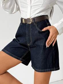 SHEIN High Waist Raw Dark Blue Wash Smart Casual Style Woman Denim Jean Button Closure - Dark Wash - View 1