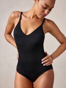 Veilyse 1pc Women's Shapewear Seamless V-Neck Sexy Low Waist Exposed Back Bodysuit,Control Belly Slimming Solid Shapewear Summer,Hip Lift Slimming Lingerie - Black - View 3