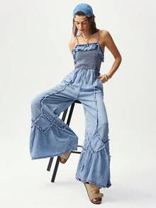 Bohemela Women's Solid Color Woven Denim Jumpsuit, Casual Vacation Style, Spring/Summer - Blue - View 2