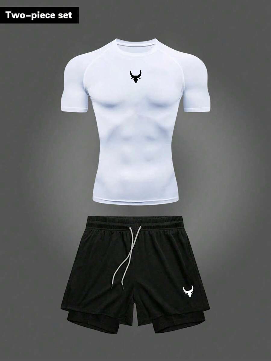 Manfinity Sport Corelite Men's Bull Print Raglan Short Sleeve T-Shirt And Drawstring Waist Shorts Sports Suit Running Outfit For Men Gym Short Sets Running Set Gym Outfit For Men Two-Piece Set - Black - View 1