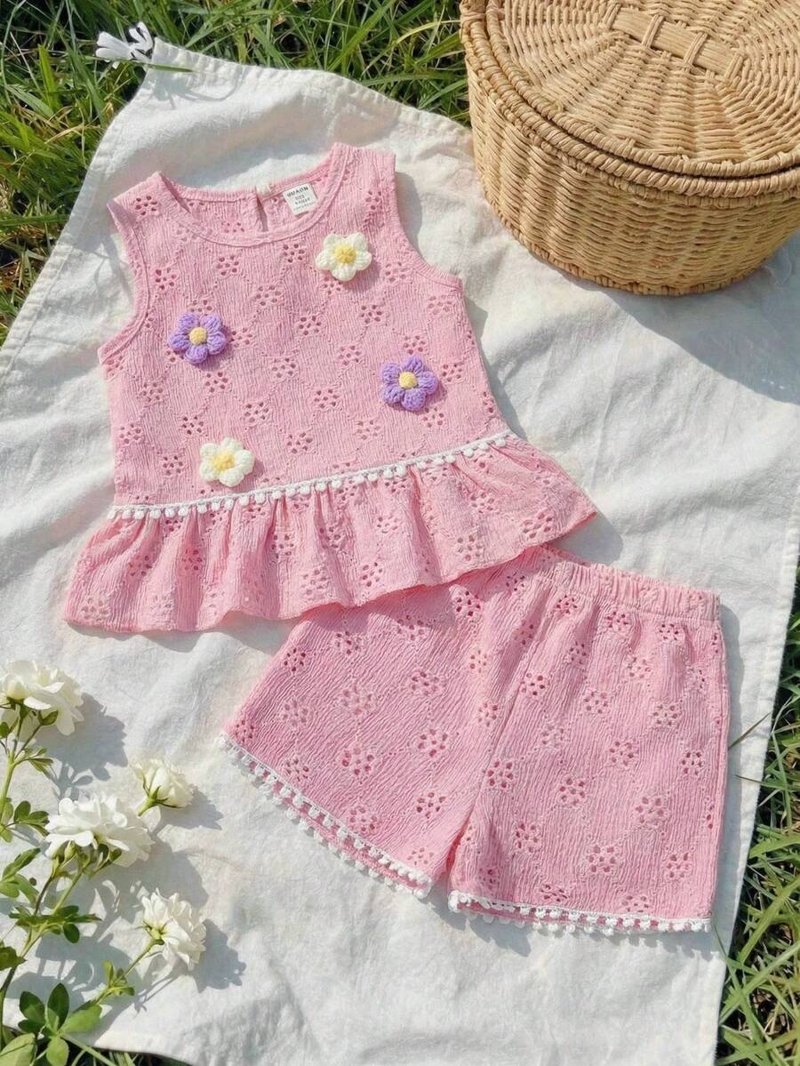 SHEIN 女婴夏季新款3D立体针织提花荷叶边下摆背心搭配波点花卉边饰阔腿短裤套装，适合休闲、度假、甜美可爱的场合。 - 粉色 - 查看 1