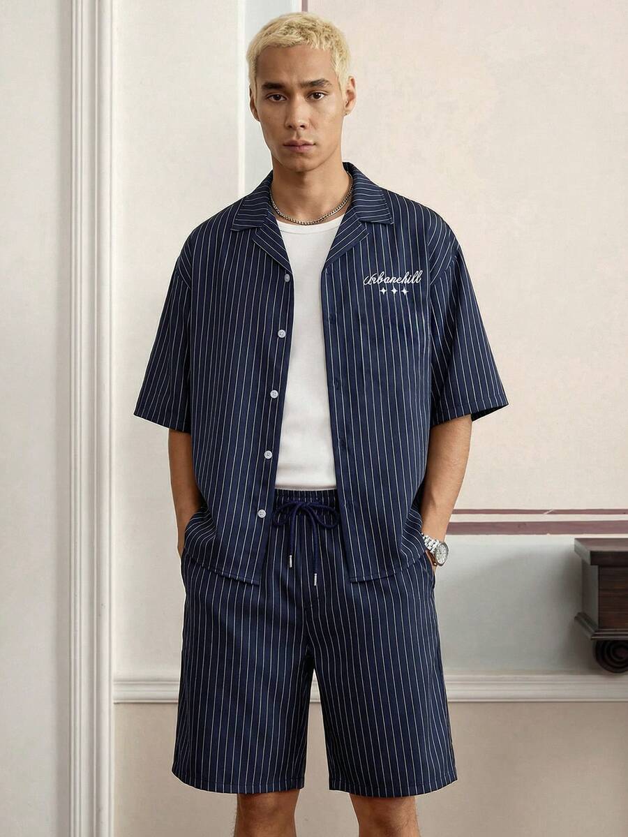 SWAVVY Men's Casual Striped Embroidered Shirt & Shorts Set, Mens Co Ords Set, Mens Two Piece Set, - Blue - View 1