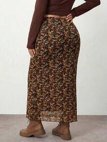 Enliva 2025 Autumn/Winter New Casual Outgoing Daily Wear Party Date Holiday Multi-Occasion Versatile Elastic Waist Earth Tone Ditsy Floral High Stretch Mesh Print Plus Size Skirt, For Apple And Rounded Body Shape - Multicolor - View 2