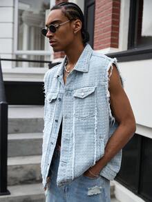 GALLERY FADE Men's Casual Street Style Distressed Denim Vest - Light Wash - View 6