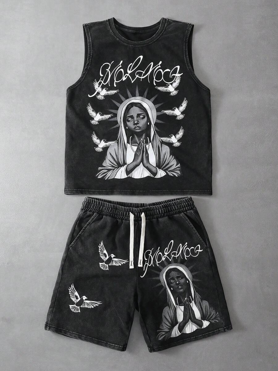PAVTROS Bộ 2 món phong cách đường phố dành cho nam, áo không tay và quần short retro cá tính, chất liệu cotton giặt mài cổ điển, họa tiết đường phố tối màu, thiết kế đồ họa văn hóa tôn giáo, hip hop, thể thao đường phố, chủ đề tiệc nghệ thuật, unisex, cặp đôi, quà tặng ngày lễ. - màu đen - Xem 1