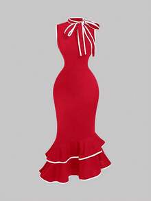 SHEIN MOD Sleeveless Dress With Ribbon Collar For Women,Red Dress - Red - View 3