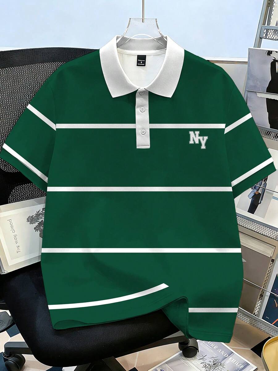 Manfinity Joysei 男士简约绿白条纹纽约字母 Polo 衫，适合上学、外出和送朋友。 - 彩色 - 查看 1