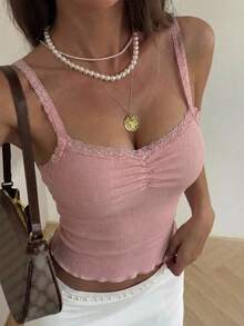 Livesso Women's Square Neck Lace Camisole - Pink - View 1