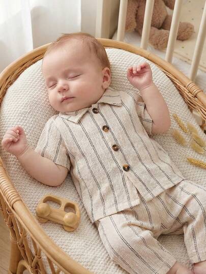 Summer Newborn Baby Boy Knit Jacquard Apricot Collared Short-Sleeve Cardigan With Matching Pants 2 Pieces Set Stylish Casual Minimalist Comfortable