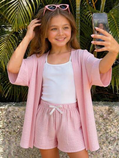 SHEIN Tween Girls' Solid Color Camisole Top, Mid-Sleeve Kimono Shirt, And Bow Decor Shorts Set, Casual Summer Holiday Outfit, 3 Piece Short Set