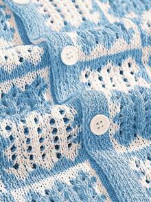 ROMWE MEN Casual 男士宽松落肩镂空针织衬衫，度假衬衫 - 淺藍色 - 查看 4