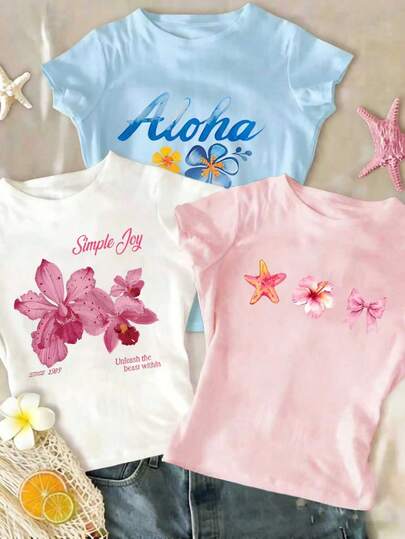 3pcs/Set Tween Girls' Floral Print Short Sleeve Cropped T-Shirts, Casual & Comfortable, Design Suitable For Outdoor, Sports, Photography, Home, School, Festivals, Gifts