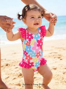 Cozy Pixies 女婴可爱碎花撞色荷叶边连体泳衣，夏季海滩度假休闲款 - 粉色 - 查看 7