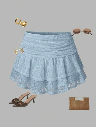 Qadelle 女士夏季假日蕾丝刺绣多层半身裙 Y2K 风格，适合假日派对