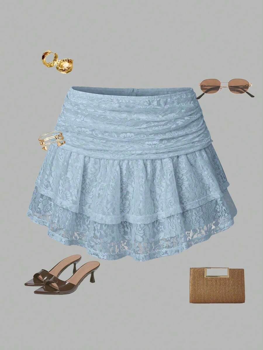 女士夏季假日蕾丝刺绣多层半身裙 Y2K 风格，适合假日派对 - 淺藍色 - 查看 1