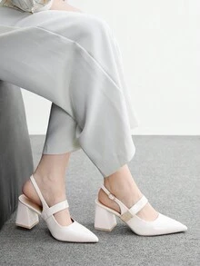 CUCCOO BIZCHIC 女士鞋履 春秋季尖头粗跟中跟米色金属扣装饰女士露跟鞋 时尚经典简约通勤约会派对假日度假女士高跟鞋 - 象牙白 - 查看 5