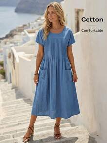 EMERY ROSE 實心口袋拼接褶皺細節工作服裝 - 藍色 - 查看 1