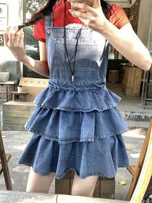 DAZY Women's Solid Color Square Neck Sleeveless Ruffle Hem Denim Summer Dress - Blue - View 8