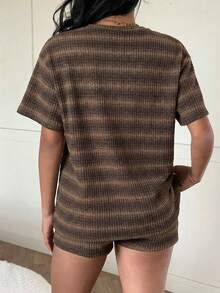 SHEIN EZwear 条纹针织休闲女装套装 - 巧克力棕 - 查看 2