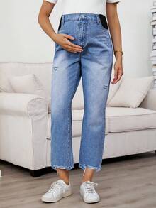 SHEIN Quần jean bầu rách dáng rộng, phong cách thường ngày, thích hợp mặc đi lễ hội mùa hè, đi làm, đi nghỉ mát, tốt nghiệp, thời trang sành điệu, phong cách Y2K, dễ thương, thời trang đường phố, dự tiệc, đám cưới, thanh lịch, công sở, thường ngày. Quần jean bầu màu xanh nhạt bạc màu, chất liệu denim co giãn, có chun co giãn, kiểu dáng thời trang. Quần jean bầu màu xanh nhạt bạc màu, có chi tiết rách và phần bụng nâng đỡ. - Màu xanh lam - Xem 7