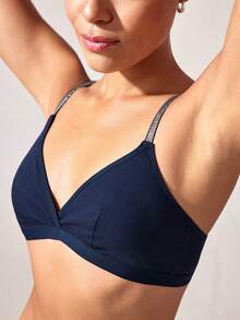 2 件套女士内衣套装，无钢圈文胸，配闪亮肩带 - 藍色 - 查看 8