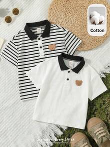 Cozy Pixies 2pcs Baby Boy Cartoon Bear & Striped Pattern Soft Knit Polo Collar Short Sleeve Pullover Outfit Set - Multicolor - View 1
