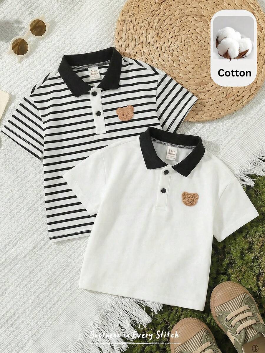 Cozy Pixies 2pcs Baby Boy Cartoon Bear & Striped Pattern Soft Knit Polo Collar Short Sleeve Pullover Outfit Set - Multicolor - View 1