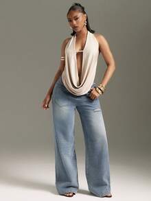 Denimoi Backless Draped Cowl Neck Halter Top Sexy Tops Vacation Outfits Concert Outfits GNO - Khaki - View 4