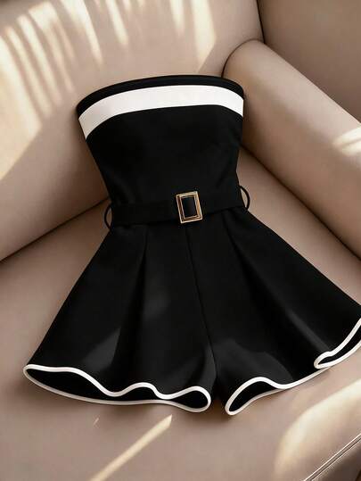 Franclia 夏季撞色抹胸连体裤，金属扣腰带，休闲百搭