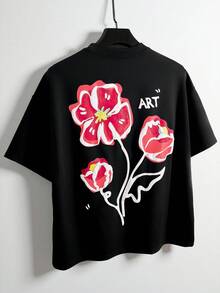 Manfinity EMRG 男士街頭風黑紅花卉壓紋印花短袖T恤，夏季城市度假街頭風上衣，適合戶外、音樂節、日常穿著 - 黑色 - 查看 2