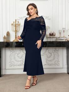 Modelyn Plus Size Women Elegant Lace Patchwork Off-Shoulder Fitted Dress, Spring/Summer Fall - Navy Blue - View 5