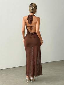 Ritzy Row 2026 New Arrival Elegant Sleeveless Deep Draped Neck Lace Hem Bodycon Dress, Deep Brown - Brown - View 2