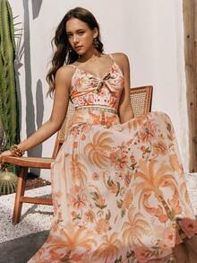 Swim Oasis 女士印花荷叶边吊带连体泳衣，配同款纱笼裙，适合海滩度假 - 彩色 - 查看 8