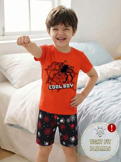 2件套幼儿男童酷炫蜘蛛图案休闲舒适柔软针织弹力面料卡通蜘蛛印花圆领短袖上衣和配套蜘蛛网印花短裤睡衣套装