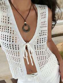 SHEIN EZwear Áo vest len nữ màu trắng đa năng, dễ phối đồ. - trắng - Xem 7