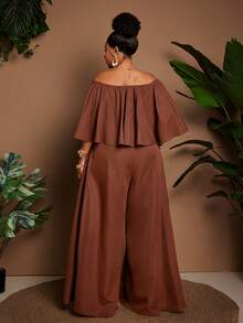 Maweii Plus Size Brown Off Shoulder Cinched Waist Wide Leg Casual Jumpsuit - Brown - View 6