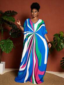 Maweii Gaun Pesta Kasual Wanita Ukuran Besar dengan Leher V dan Blok Warna - Royal Blue - View 3