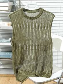 Manfinity Homme Plus Size Men's Casual Solid Color Knit Vest Vacation Olive Green Autumn Vacation Vacation - Green - View 1