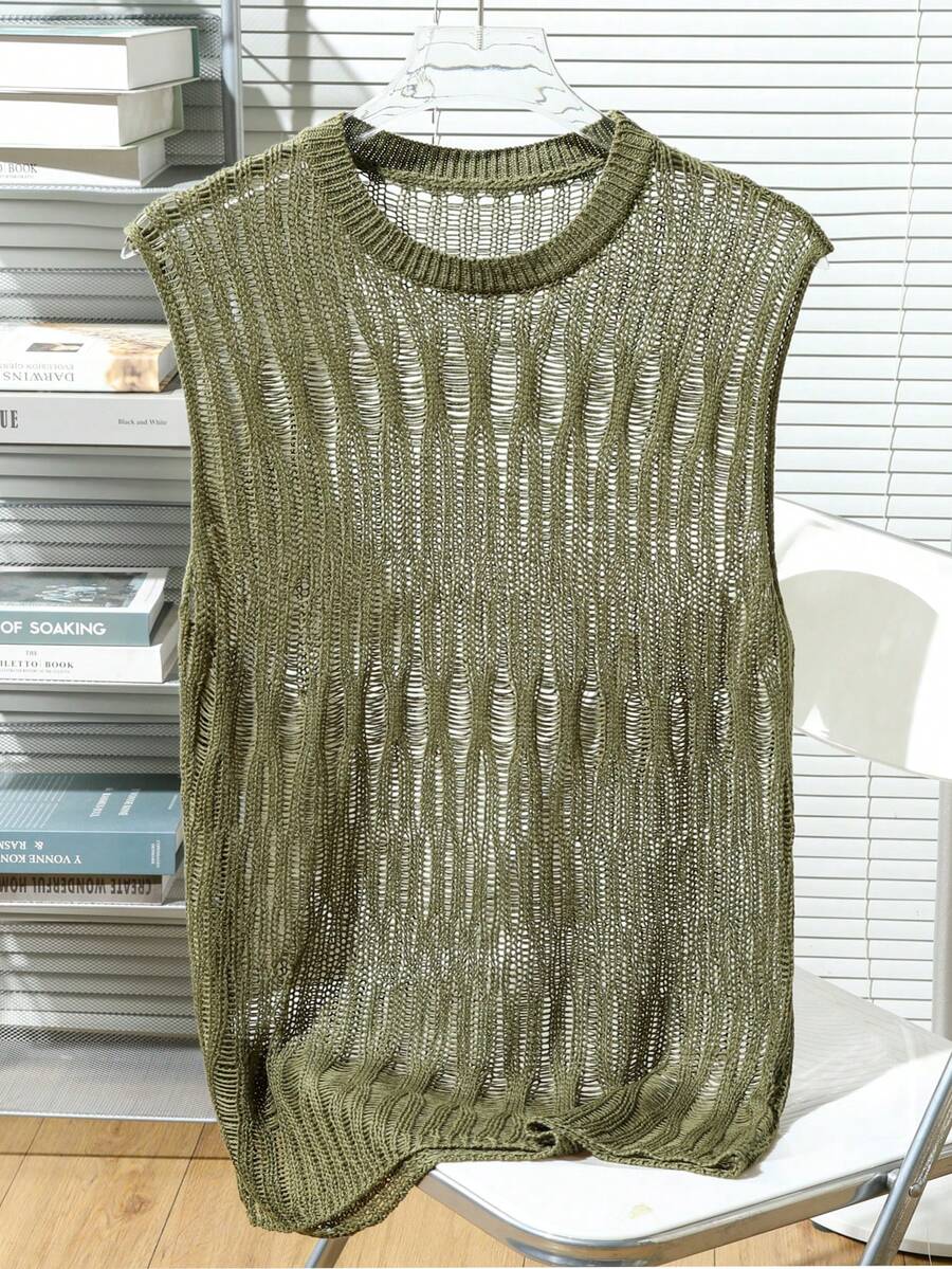 Manfinity Homme Plus Size Men's Casual Solid Color Knit Vest Vacation Olive Green Autumn Vacation Vacation - Green - View 1