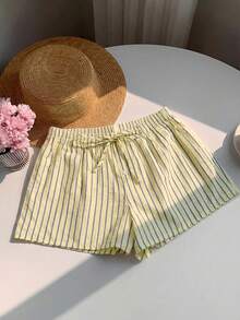 SHEIN EZwear Quần short ống rộng dệt sọc vàng dành cho nữ - Màu vàng - Xem 5