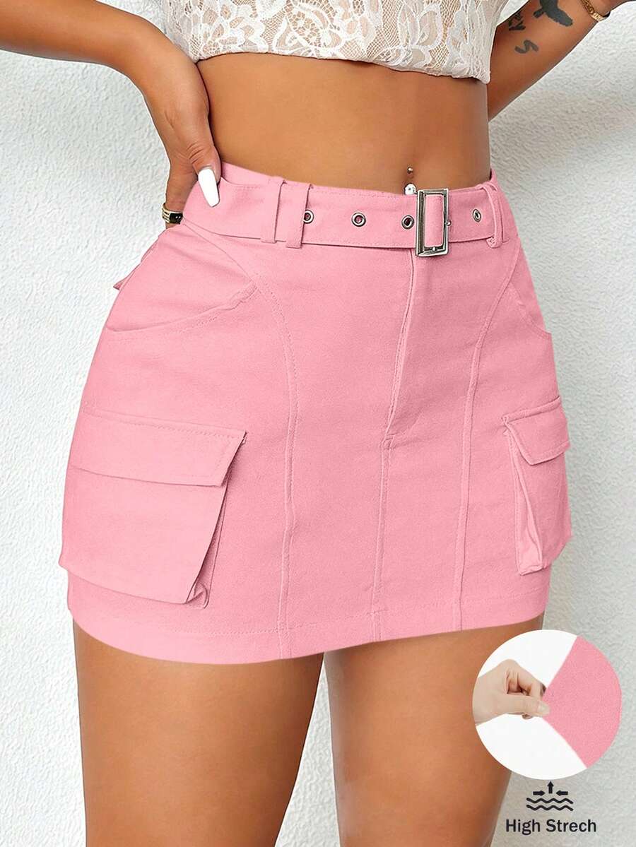 VaVaBold Women's Solid Color Utility Pocket Casual Bodycon Mini Skirt - Pink - View 1